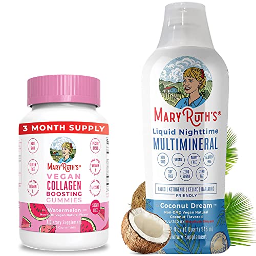 Vegan Collagen Boosting Gummies & Liquid Multimineral (Coconut) Bundle | Promote Collagen Production for Hair, Skin & Nail Health | Natural Sleep Support with Magnesium, Calcium & MSM Supplement