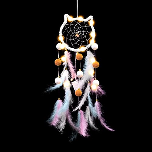 LED Light Up Feather Dream Catcher for Bedroom, Cat Shaped Lighted Dream Catcher with LED Fairy Lights for Girls Boys Kids Adults Room Decor Boho Decor Ornament Craft Gift