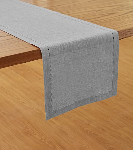 Solino Home Oyster Grey Linen Table Runner 14 x 90 Inch – 100% Pure Linen Hemstitch Table Runner for Indoor, Outdoor, Dinner, Party – Milan, Handcrafted from European Flax