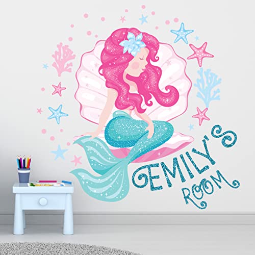 Kyle Cornhole Little Mermaid Wall Decal Decor for Girls Bedroom – Large Tail Stickers Room Custom Name Pink Art Nursery KA1697, Green,Pink