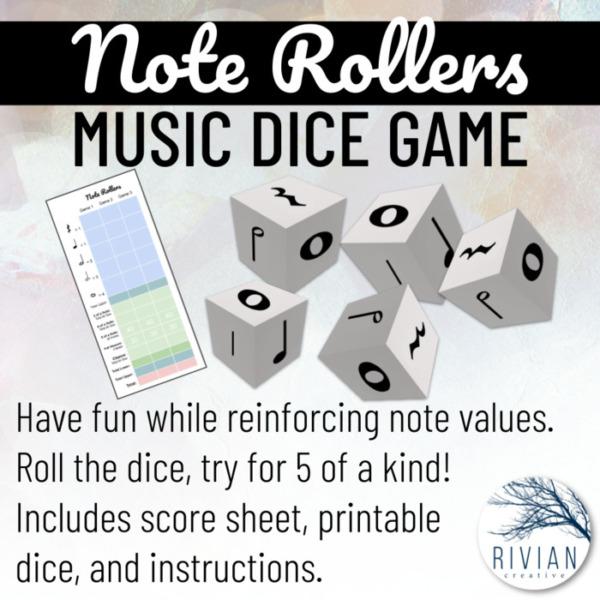 Note Rollers – Musical Dice Game (Learn note durations and score points!) – Includes score sheets and printable dice.