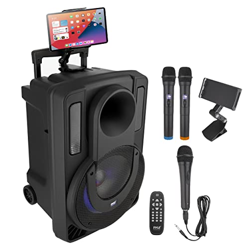 12’’ Portable PA Speaker System – Wireless BT Streaming PA & Karaoke Party Audio Speaker, Two Wireless Mic, Wired Microphone, Tablet Stand, Flashing Party Lights, MP3/USB//FM Radio – PHPWA12TB