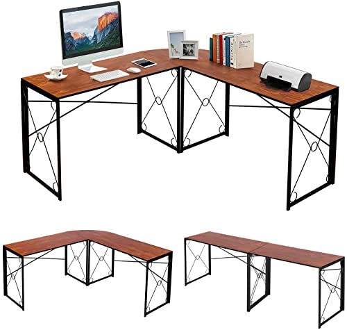 VECELO 59’’x59’’ L Shaped Computer Desk, Large Corner Gaming Table, Multi-Usage Industrial Home Office Workstation, Easy Assembly/Saving Space, Teak Brown