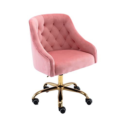 hegmentine Modern Home Office Chair Desk Chair Task with Wheels Swivel Vanity Chair Makeup Chair Height Adjustable Chairs Velvet Living Room, Bedroom(Peach Pink)