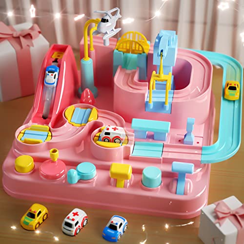 TEMI Kids Car Adventure Toys for Girls – Race Track Toddlers Toys for 3 4 5 6 7 Years Old, Puzzle Rail Car, City Rescue Magnet Toys w/ 3 Mini Cars, Educational Car Games Birthday Gift Toys for Kid Boy