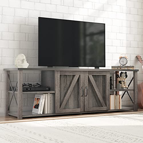 AUXSOUL 70 Inch TV Stand for 75 Inch TV, Farmhouse Entertainment Center with Storage Shelves & Barn Door, TV Console Cabinet for Living Room Bedroom,Grey Wash