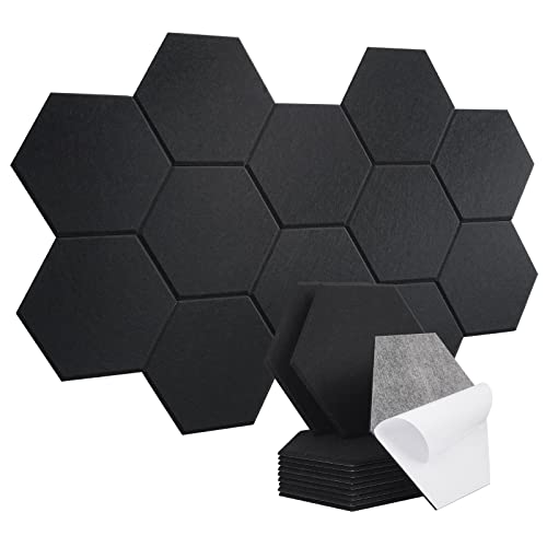 Tutmyrea 12 Pack Acoustic Panels Black, Self-adhesive Sound Absorbing Panels, 14 x 12 x 0.4 Hexagon Wall Panels, Stylish Decorative Sound Panels for Bedroom, Game Room, Home Office, Fire Retardant