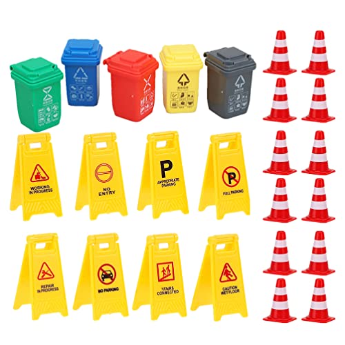 NUOBESTY 25 Pieces Mini Traffic Signs Toys Street Warning Signs Toy Anti- Collision Barrels Traffic Roadblock Cones and Mini Trash Cans Playset