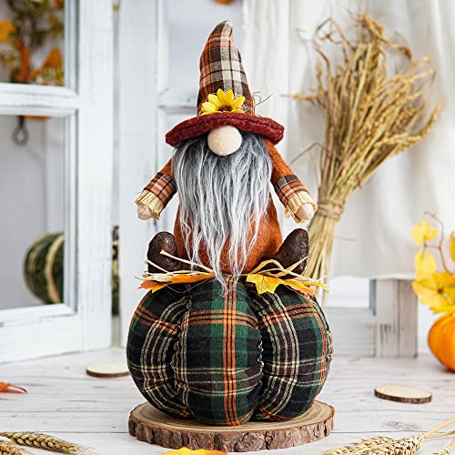 OVEELER Fall Gnome Sitting on Pumpkin, Plush Harvest Swedish with Sunflower Hat for Autumn Thanksgiving Day Party Home Office Table Holiday Decorations