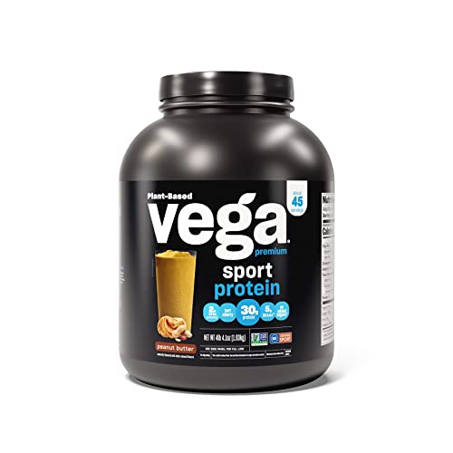Vega Sport Premium Vegan Protein Powder Peanut Butter (45 Servings) 30g Vegan Protein, 5g BCAAs, Keto, Dairy Free, Gluten Free, Non GMO, Pea Protein for Women & Men, 4.4lbs (Packaging May Vary)