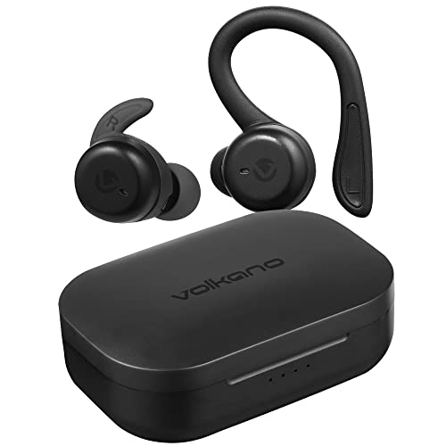 Volkano Momentum Series Sports Earbuds Bluetooth Wireless – Wireless Earphones with Removable Ear Hooks, Waterproof True Wireless Sports Earbuds, Running, Sports, & Workout Bluetooth Earphones (Black)