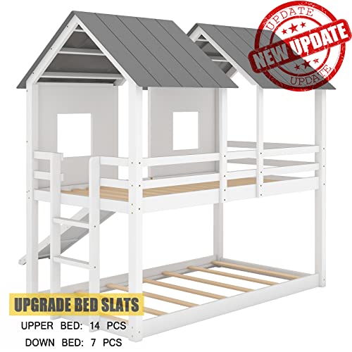 Bunk Beds Twin Over Twin with Slide, House Bunk Bed for Kids with Roof and Windows,Wood Floor Bunk Beds with Guard Rails , Toddlers Bunk Beds (White) | The Storepaperoomates Retail Market - Fast Affordable Shopping