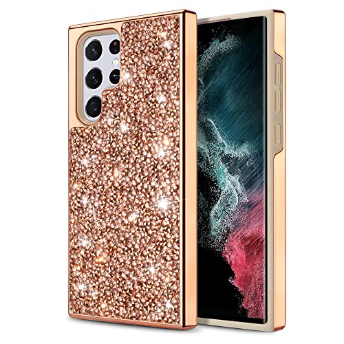 HoneyAKE Phone Case for Samsung Galaxy S22 Ultra Case Glitter Bling Diamond Girls Woman Shockproof Handmade Dual Layer Hard Rubber Bumper Anti-Slip Protective Cover for Galaxy S22 Ultra 6.8 Rose Gold