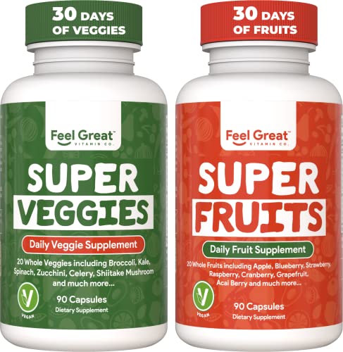 Feel Great Vitamins Fruit and Vegetable Supplement | Vegan & Vegetarian | 30 Day Supply That Includes 90 Fruit and 90 Veggie Capsules – Green and Red Superfood, Like a Whole Food Multivitamin