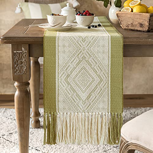 Topfinel Farmhouse Style Burlap Cotton Table Runner,Boho Jacquard Table Runners 90 inches Long with Woven Tassels for Holiday Party, Home Dining Table Decor, White Green
