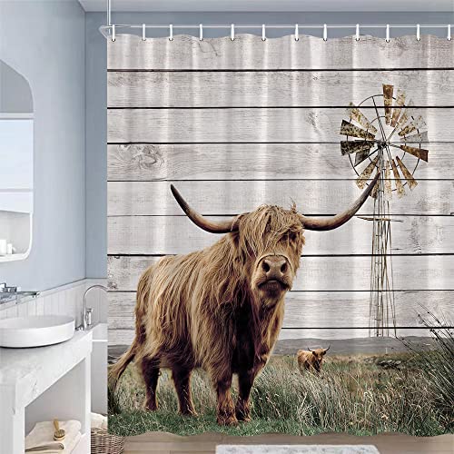 JJNAEE Highland Cow Shower Curtain Western Farm Animal Windmill Rustic Wood Board Wildlife Country Farmhouse Bathroom Decor Set Polyester Fabric Curtains with Hooks 70×70 in