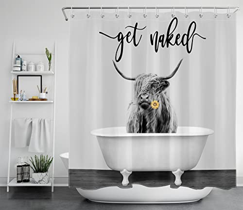 HVEST Highland Cow Get Naked Shower Curtain,Funny Farmhouse Western Animal Grey Bull on Bathtub Shower Curtain,Sunflower Floral Polyester Fabric Bath Decor Accessories with Hooks, 72×72 Inches