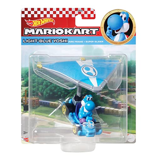 Hot Wheels Mario Kart 1:64 Scale Die-cast Light-Blue Yoshi in Pipe Frame Kart with Super Glider | The Storepaperoomates Retail Market - Fast Affordable Shopping