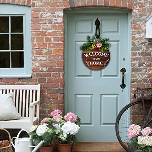 Welcome Sign Front Door Decor,Welcome to Our Home Round Wood Wreaths Wall Hanging with Flowers and Artificial Green Leaves, Outdoor, Farmhouse, Porch for All Seasons Holiday Halloween Christmas | The Storepaperoomates Retail Market - Fast Affordable Shopping