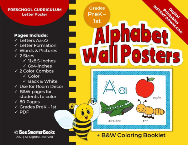 Alphabet Wall Posters + B & W Coloring Booklet | Preschool Curriculum Letter Poster Classroom Décor | Grades PreK – 1st | Digital Printables Instant Download