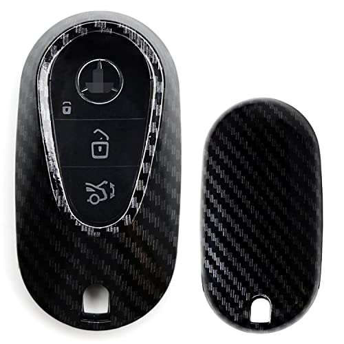 iJDMTOY Exact Fit Glossy Metallic Black Carbon Fiber Pattern Smart Remote Key Fob Shell Compatible with Mercedes-Benz W223 S-Class, W206 C-Class Gen4 Oval Shape Smart Key