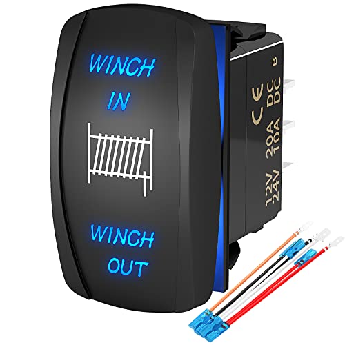 Joinfworld Winch Switch Winch in Winch Out Momentary ON/Off/ON 7 Pin Winch Rocker Switch Toggle 3 Way 20A 12V 10A 24V DC Waterproof Blue for ATV UTV Polaris Automotive Marine Boat, DR-A11L27GBL/LJ56
