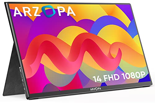 Arzopa 14“ Portable Monitor, Ultra Slim Portable Laptop Monitor FHD 1080P External Display with Dual Speakers Second Screen for Laptop PC Phone Xbox PS4/5 Switch, Smart Cover Included
