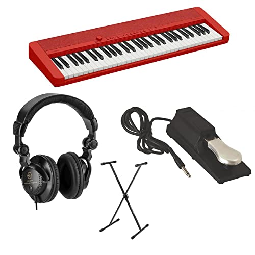 Casio Casiotone CT-S1 61-Key Piano Style Portable Keyboard, Red Bundle with Bench, Stand, Studio Monitor Headphones, Sustain Pedal