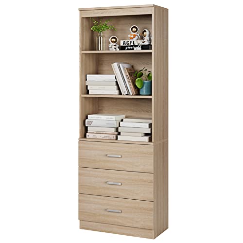 FOTOSOK 71 Inches Tall Storage Cabinet, Bookcase with 3 Drawers and 3-Tier Open Shelves, Wooden Bookshelf Storage Organizer for Living Room, Study, Kitchen, Home Office, Oak