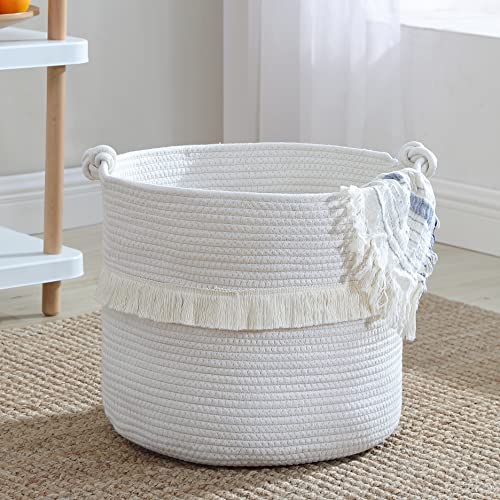 Organizix Round Woven Boho Cotton Rope Storage Tassels Basket, Laundry Basket Hamper, Decorative Fringe with Knot Handles, Toys and Blanket Basket for Nursery, Cream, 13 x 16