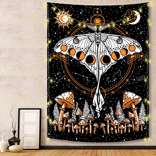 Estoulen Moth Tapestry Mushroom Tapestry Sun and Moon Tapestry Wall Hanging Moon Phase Tapestry Black Aesthetic Tapestry Mystic Stars Space Tapestry for Bedroom Living Room Decor (W29.5 x H39.4)