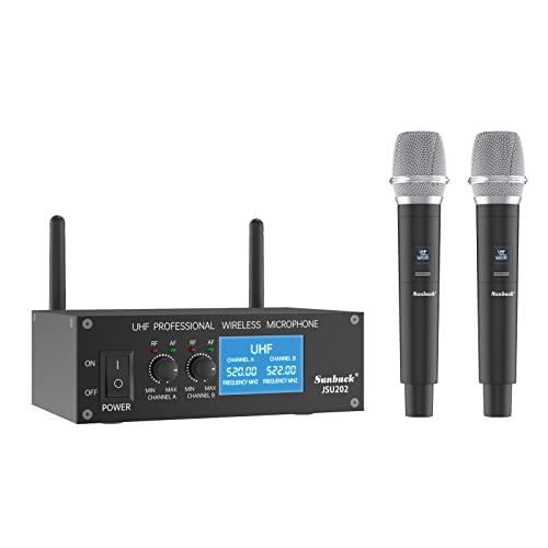 Sunbuck Wireless Microphone System,Fixed Frequency Easy-to-use,Dual UHF Cordless Mic Handheld Microphone System for Home Karaoke/Wedding/Meeting/Church/DJ/Party, 280ft