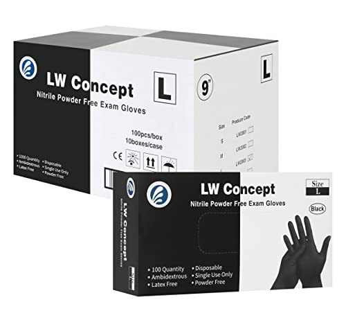 LW CONCEPT Black Medical Nitrile Examination Gloves – Latex & Powder-Free, Disposable, Ultra-Strong, Healthcare, Food Handling Use (Large, Case of 1000)