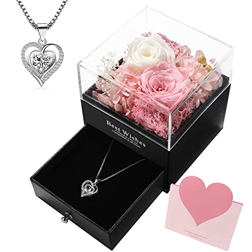 WALFITE Preserved Real Rose with Necklace – Rose Flower Gifts for Mom Valentines Day Gift for Her,Gifts for Girlfriend Valentines,Anniversary Birthday Gifts for Women,Romantic Love Gifts（Pink）