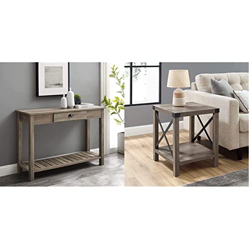 Walker Edison Rustic Wood Farmhouse Entryway Accent Table with Storage Drawer Entry Table Living Room End Table, 48 Inch, Grey & Sedalia Modern Farmhouse Metal X Side Table, 18 Inch, Grey Wash