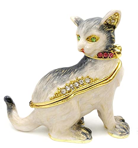 JWT Astyle Cat Hinged Trinket Box with Crystals.Collectible Animal Jewelry Box.Necklace Rings Earrings Storage Boxes,Cat Figurine Home Decor Gift.