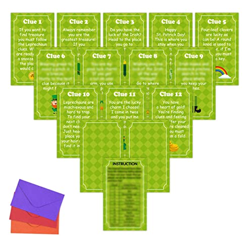 St.Patrick’s Day Treasure Hunt Clues Game Cards, Scavenger Hunt Game for Kids Adults Family Teachers Students, Indoor Party Games Supplies Kids Activities, 15 Cards With Envelopes(A02)