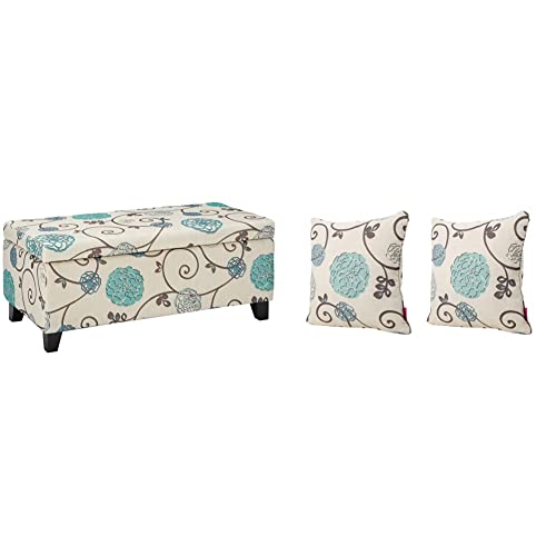 Christopher Knight Home Breanna Fabric Storage Ottoman, White and Blue Floral & Ippolito Fabric Pillows, 2-Pcs Set, White and Blue Floral