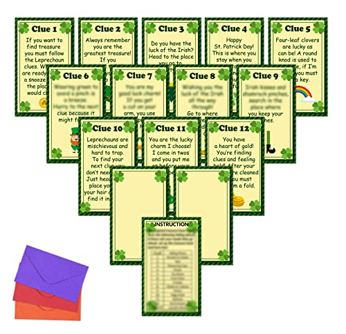 St.Patrick’s Day Treasure Hunt Clues Game Cards, Scavenger Hunt Game for Kids Adults Family Teachers Students, Indoor Party Games Supplies Kids Activities, 15 Cards With Envelopes(A04)