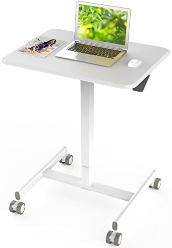 Mobile Laptop Desk, Small Mobile Standing Desk Adjustable Height Mobile Desk Rolling Cart Ergonomic Table, Portable Standing Desk with Pneumatic Height Adjustments 28.7” – 43”, White