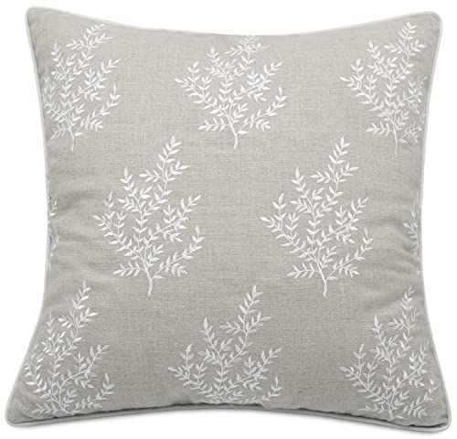 VAGMINE Embroidered Linen Square Decorative Accent Throw Pillow Cover – for Master Bedroom, New Home, Anniversary, Farmhouse, Couch, Sofa – Leaves-Natural, 18×18 Inches