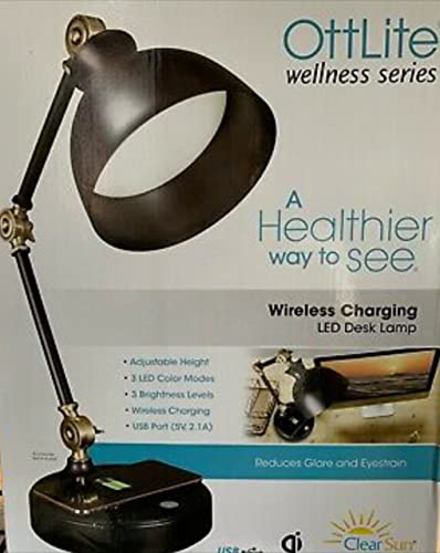 Ottlite Wellness Series Wirelesss Charging LED Desk Lamp Black & Brass