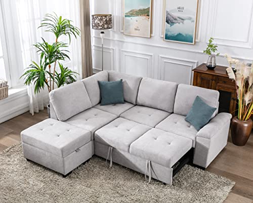 Merax 86” Linen Reversible Sectional Couch with Pull-Out Sleeper, L-Shape Corner Sofa Bed with Hidden Arm Storage & Ottoman, Light Gray(New)