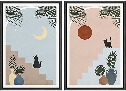 Ashbrook Framed Wall Art Print Set Mediterranean Style Day and Night Cat Palm Leaves Animals Nature Illustrations Modern Bohemian Relax/Calm for Living Room, Bedroom, Office – 16″x24″x2 BLACK