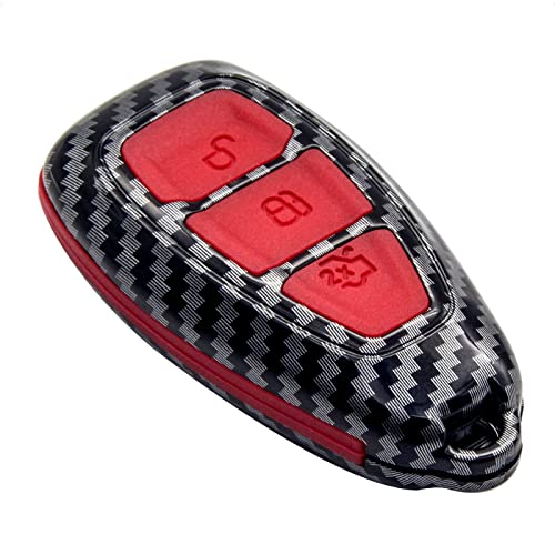SK CUSTOM Key Fob Case Compatible with Ford C-MAX Escape Fiesta Focus RS Fusion 3 Button Keyless Entry Remote Carbon Fiber Pattern ABS Red Silicone Cover