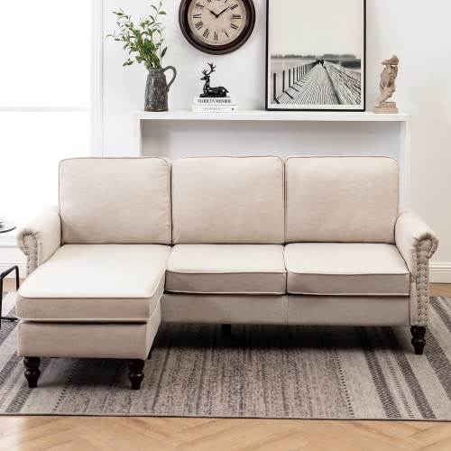 MELLCOM Convertible Modular Sofa Beige Sectional Sofa, L-Shaped Sofa Three Seat, Cream Couch for Living Room with Movable Ottoman, Beige Couch with Reversible Chaise Longue, Beige