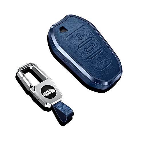 SANRILY Aluminum Alloy Frame & Genuine Leather Key Case for Peugeot 508 Citroen C3 C5 Aircross C4 DS 5 3 Keyless Full Protector Key Cover with Keychain Blue