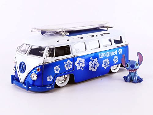 Jada Toys Disney Lilo & Stitch 1:24 Volkswagen T1 Bus Die-cast Car with Stitch Figure, Toys for Kids and Adults , Blue
