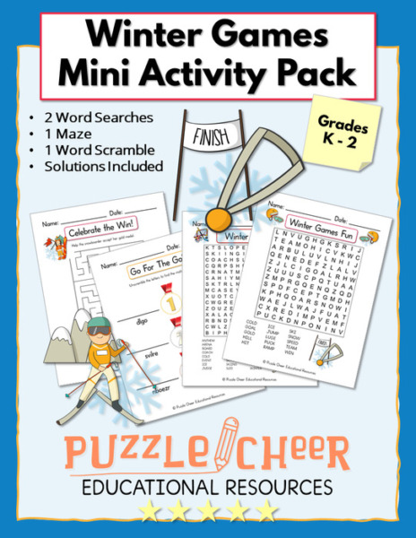 Winter Games Mini Activity Pack | Word Searches, Maze and Word Scramble for K – 2