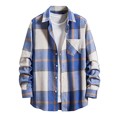 Mens Plaid Shirts with Pockets Long Sleeve Button Down Loose Fit Lapel Casual Shirt Basic Tees Baggy Tops Spring Autumn